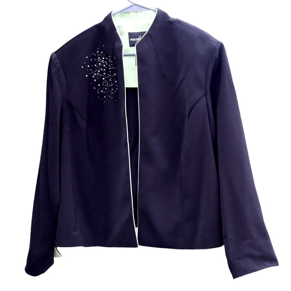 Positive Attitude Womens Black Green Trim Sequin Embellished Open Blazer size 22